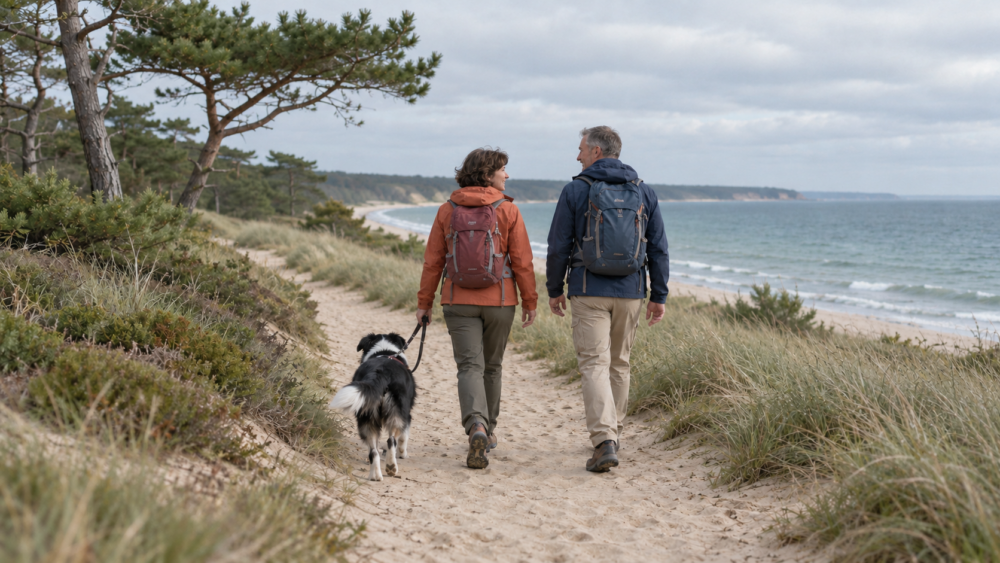 Paar mit angeleintem Hund auf einem Küstenweg an der Ostsee