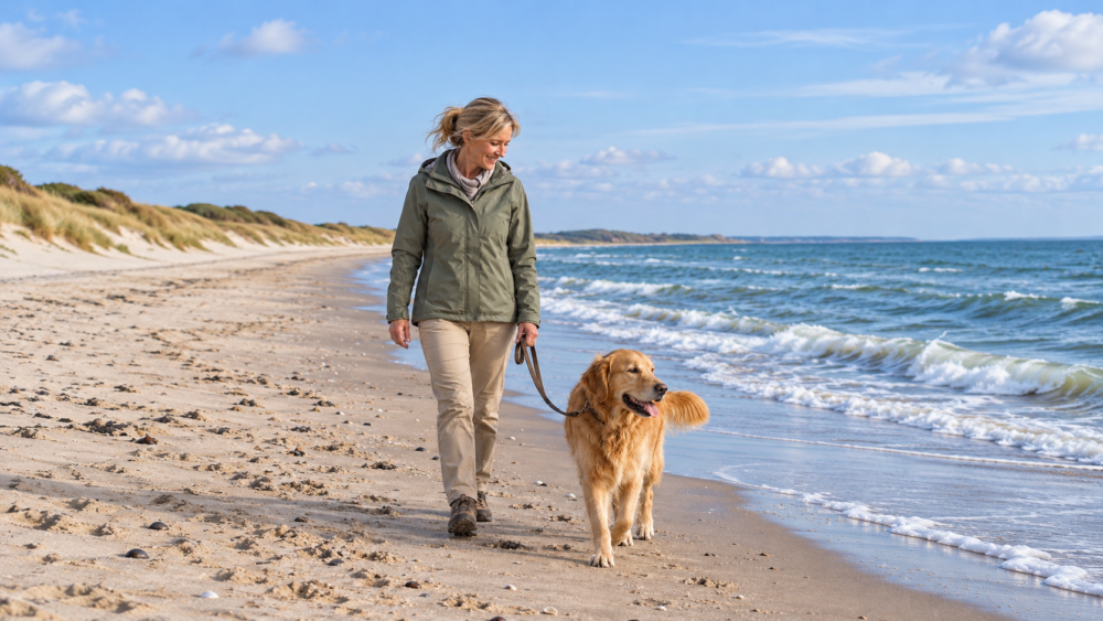 Frau mit Hund beim Strandspaziergang an der Ostsee
