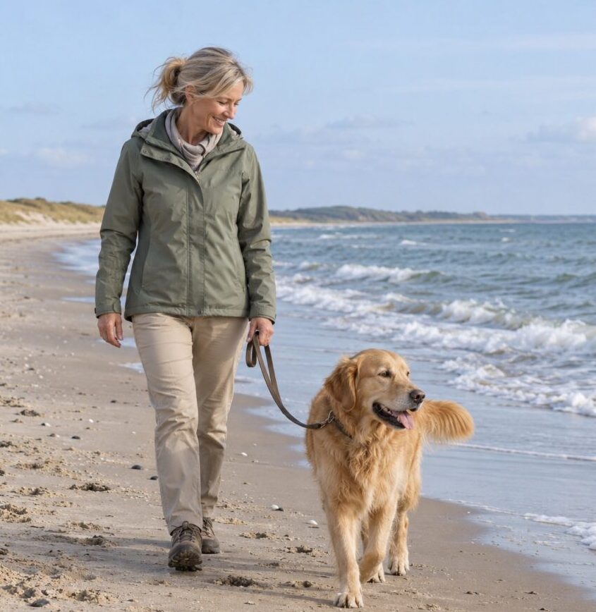 Frau mit Hund beim Strandspaziergang am Meer