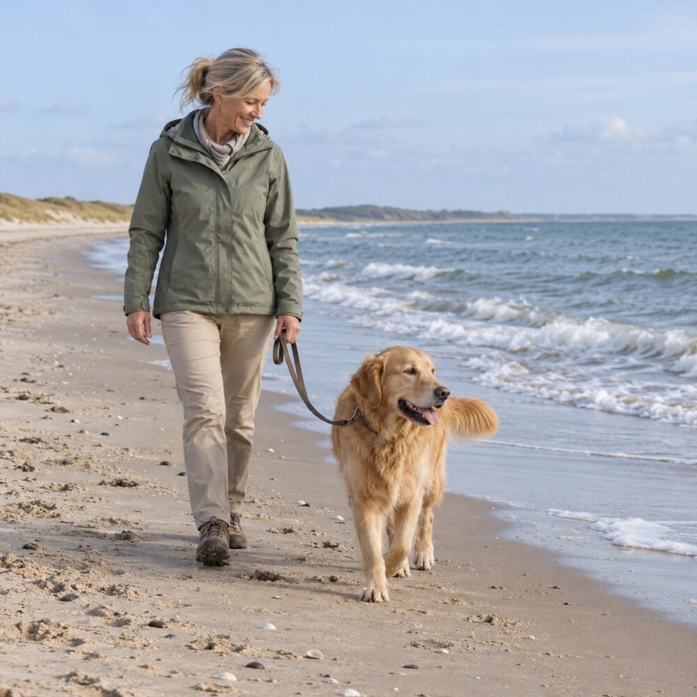 Frau mit Hund beim Strandspaziergang am Meer